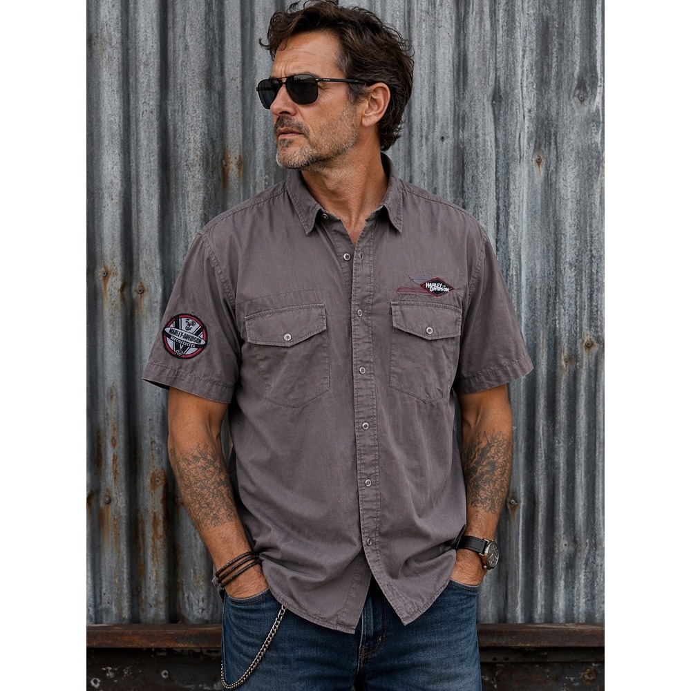 Harley-Davidson Button Down Shirt Mens Large Gray Pinstripe Patches 2010